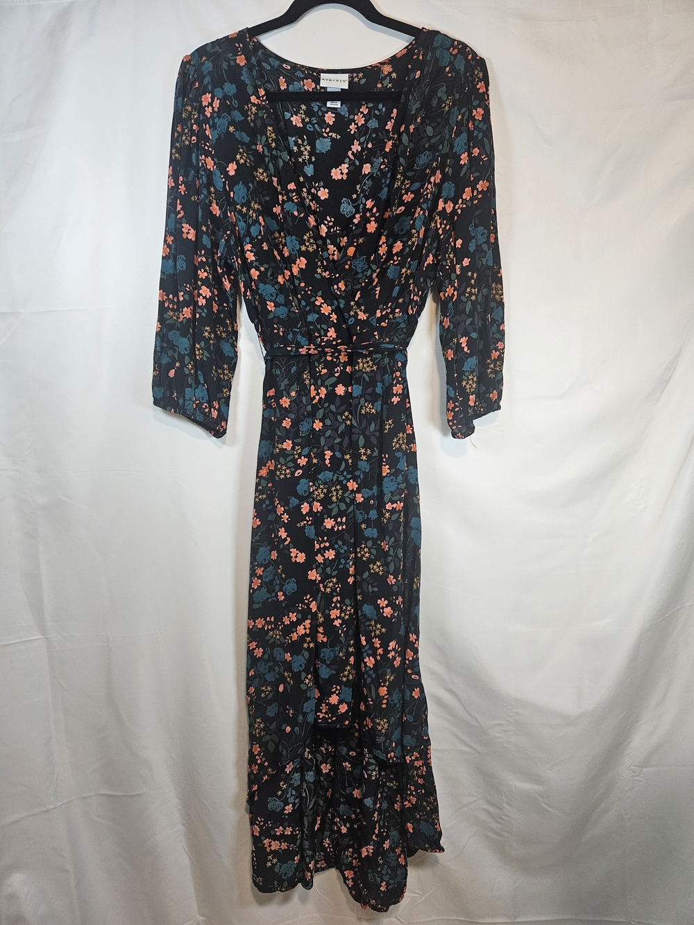 Ava & Viv Floral-Print Long-Sleeve V-Neck Midi Dress Black & Orange XL